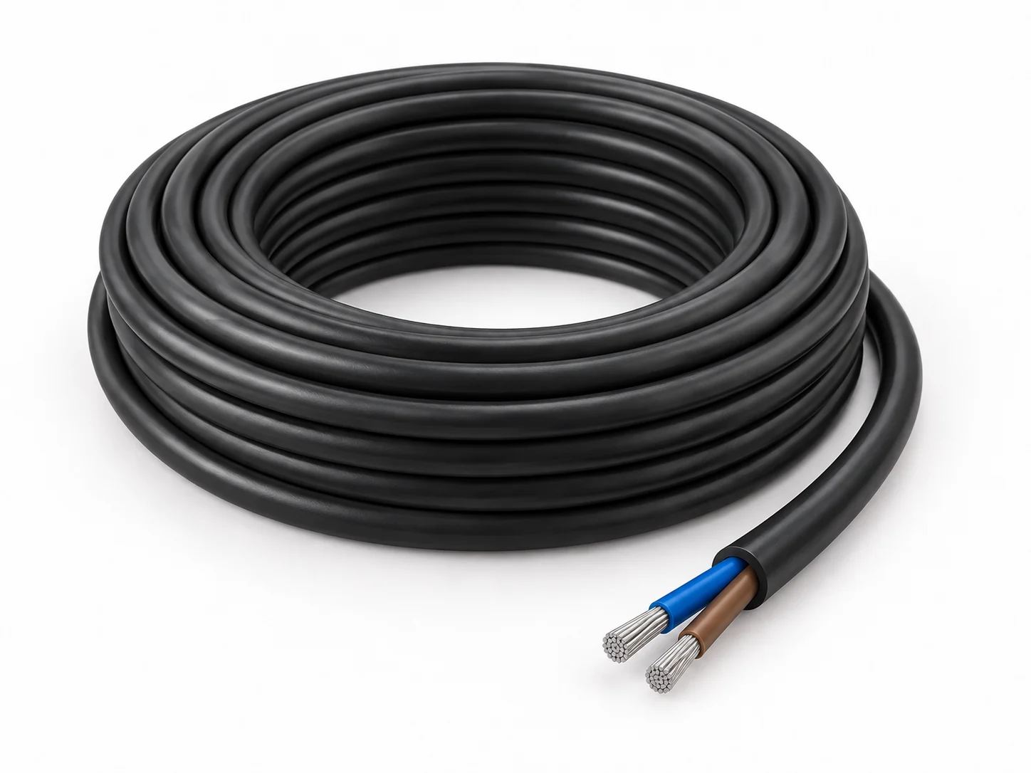 Black two-core service cable coil with silver aluminium conductors