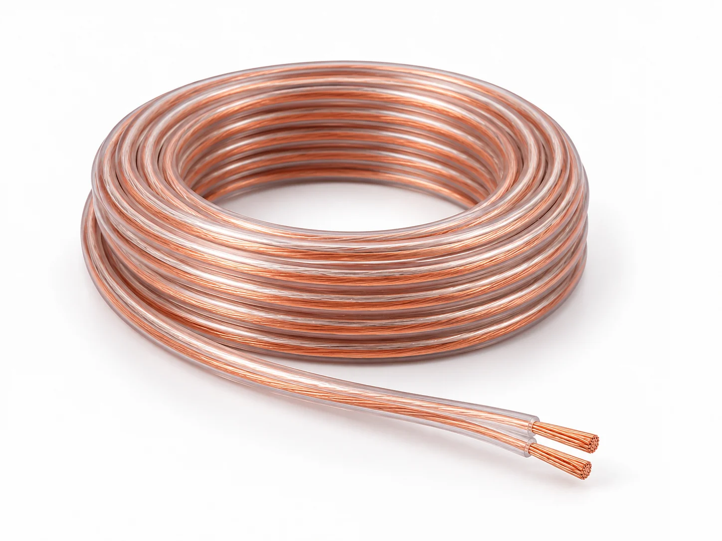 Clear parallel speaker wire coil with visible copper conductors