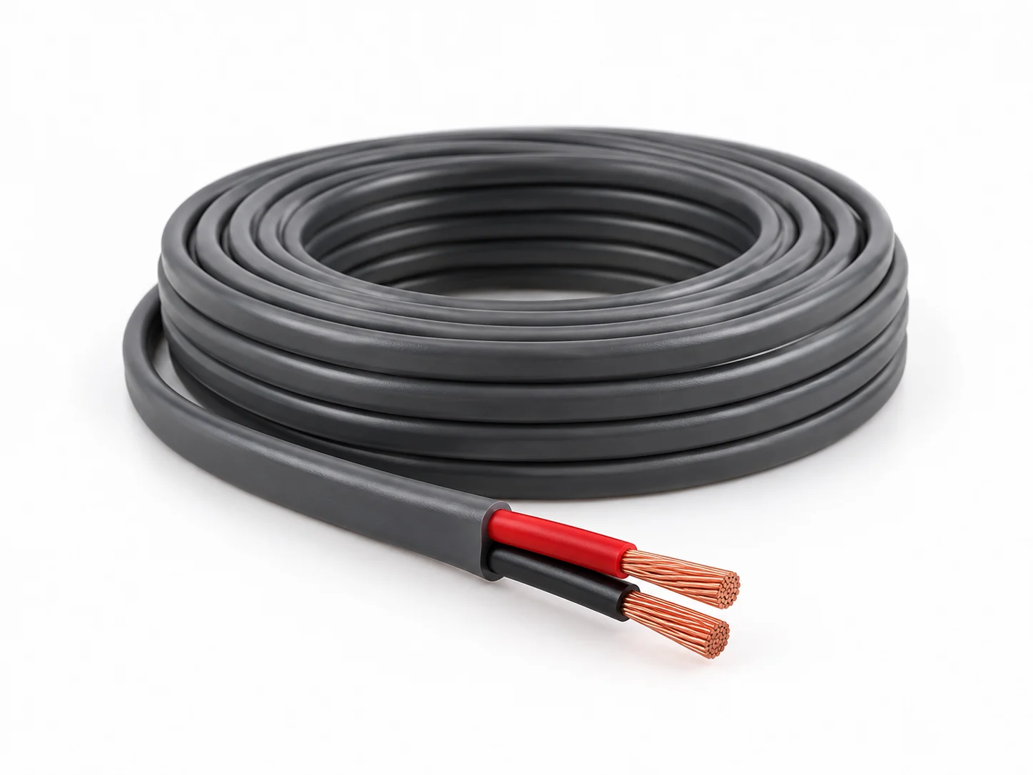 Two-core domestic copper wire coil with a stripped sample