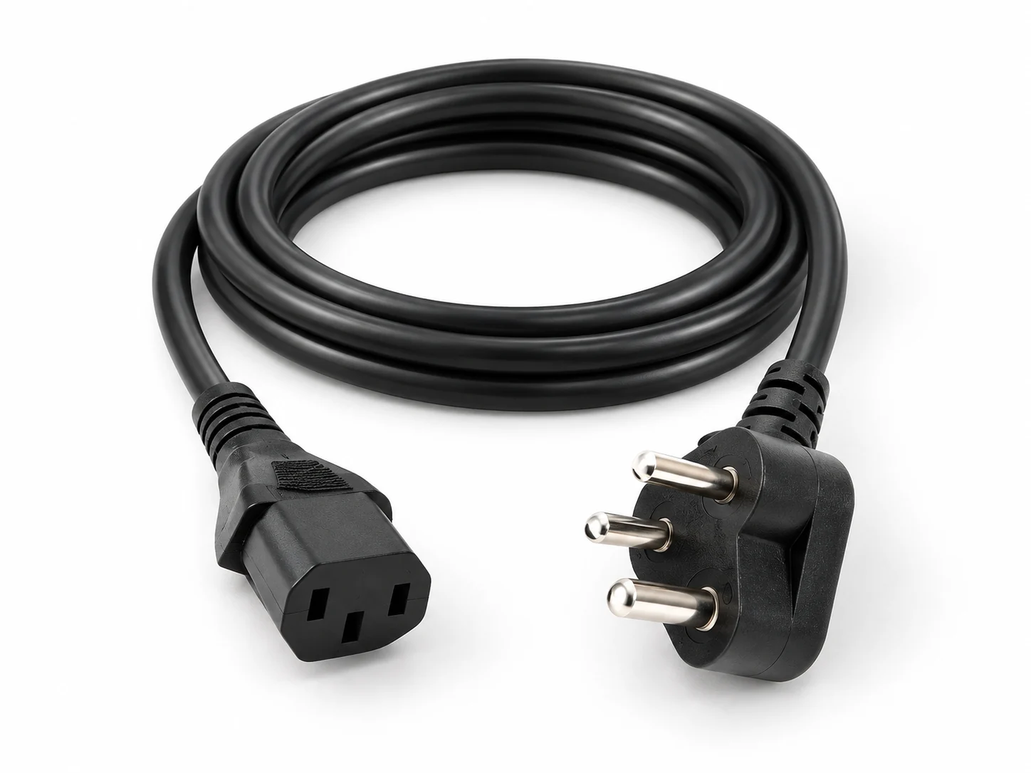Coiled black power cord with an Indian three-round-pin mains plug and a three-slot C13 appliance connector