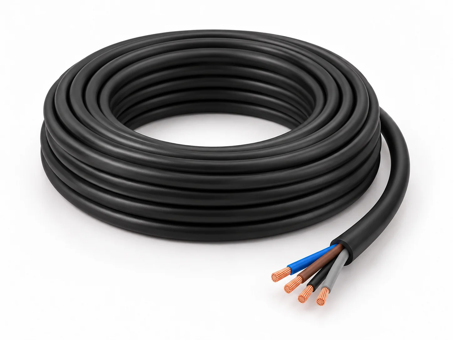 Coil of black round multicore cable with four copper conductor ends