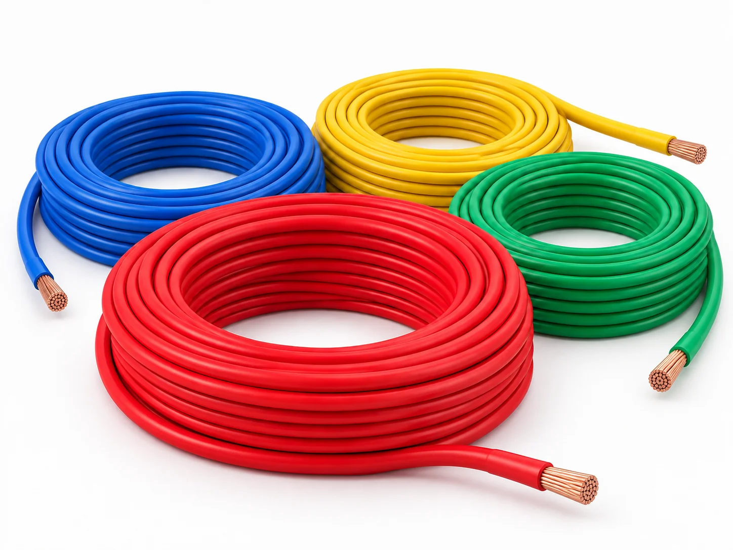 Complete red, blue, yellow and green house-wire bundles with attached exposed copper-strand ends