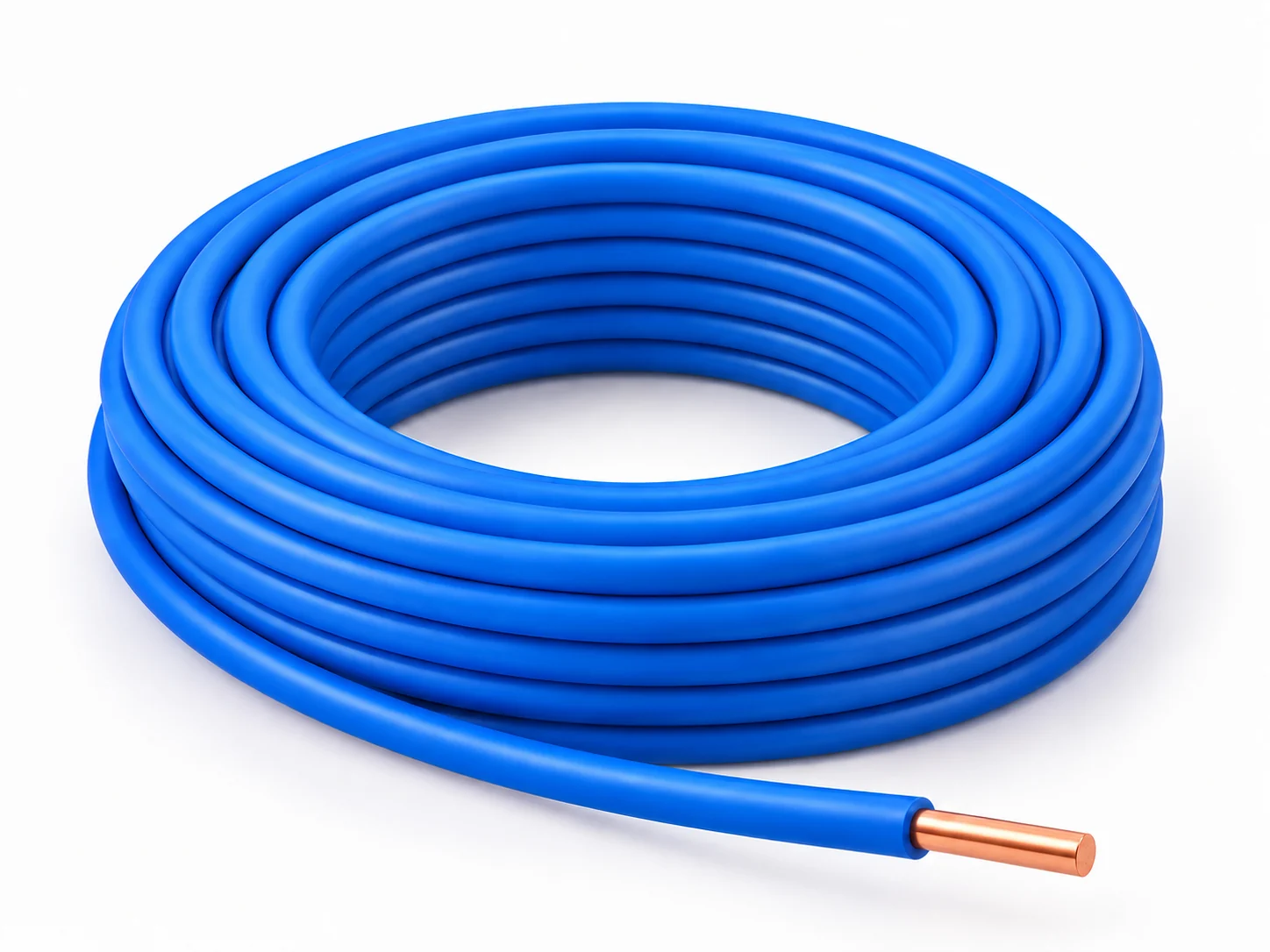 One blue PVC-insulated wire coil with a single central copper conductor shown as a smooth solid core