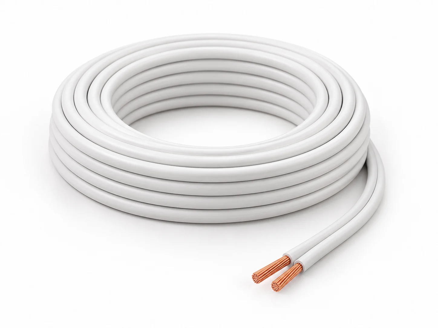 Complete coil of white twin-core speaker wire with copper ends