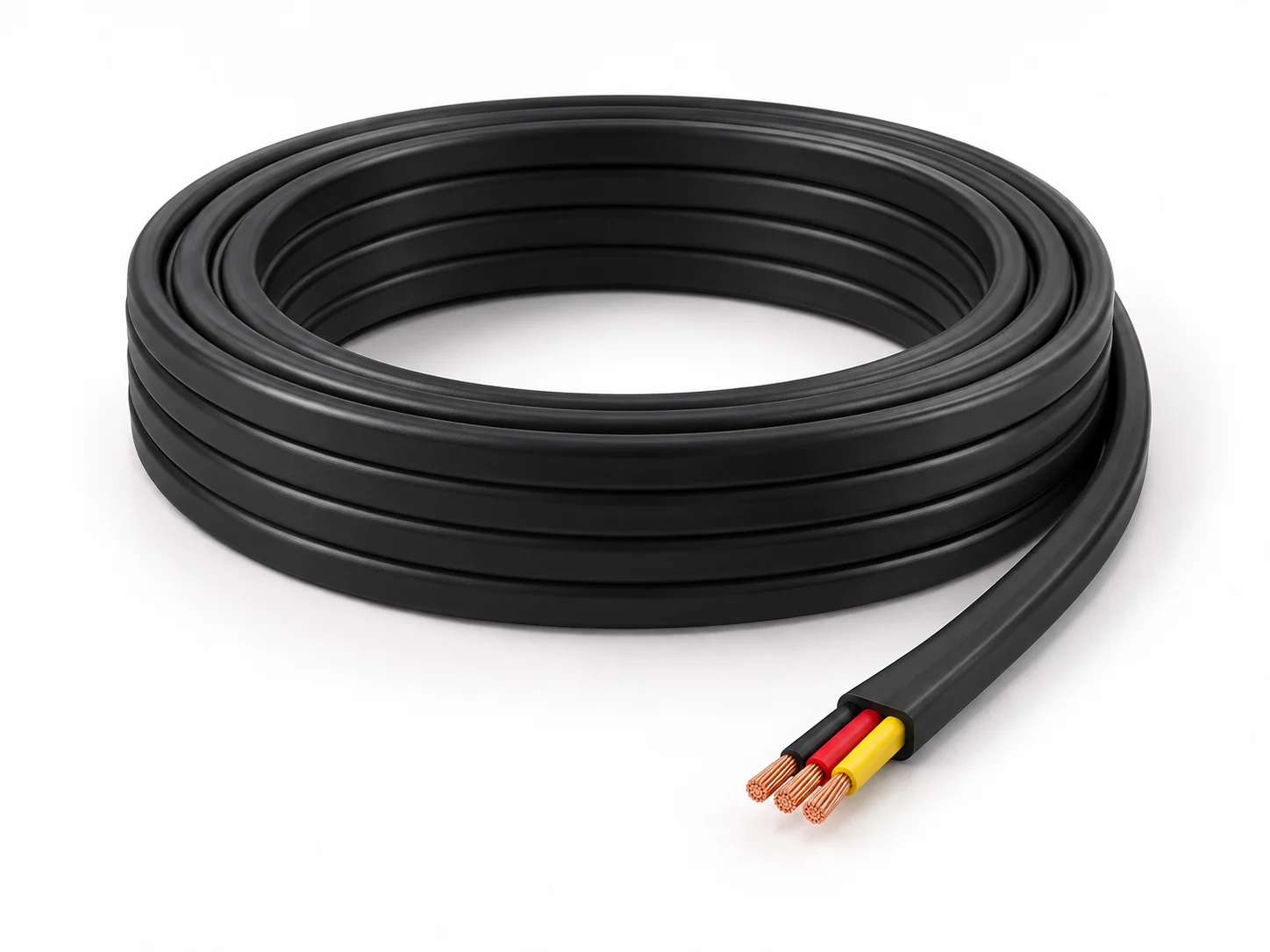 Complete coil of black three-core flat submersible cable with a prepared copper end