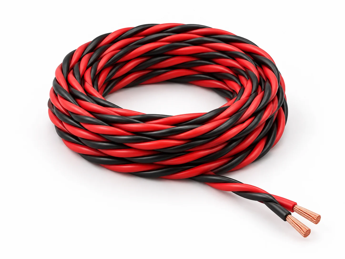 Coil of red and black twisted flexible copper wires