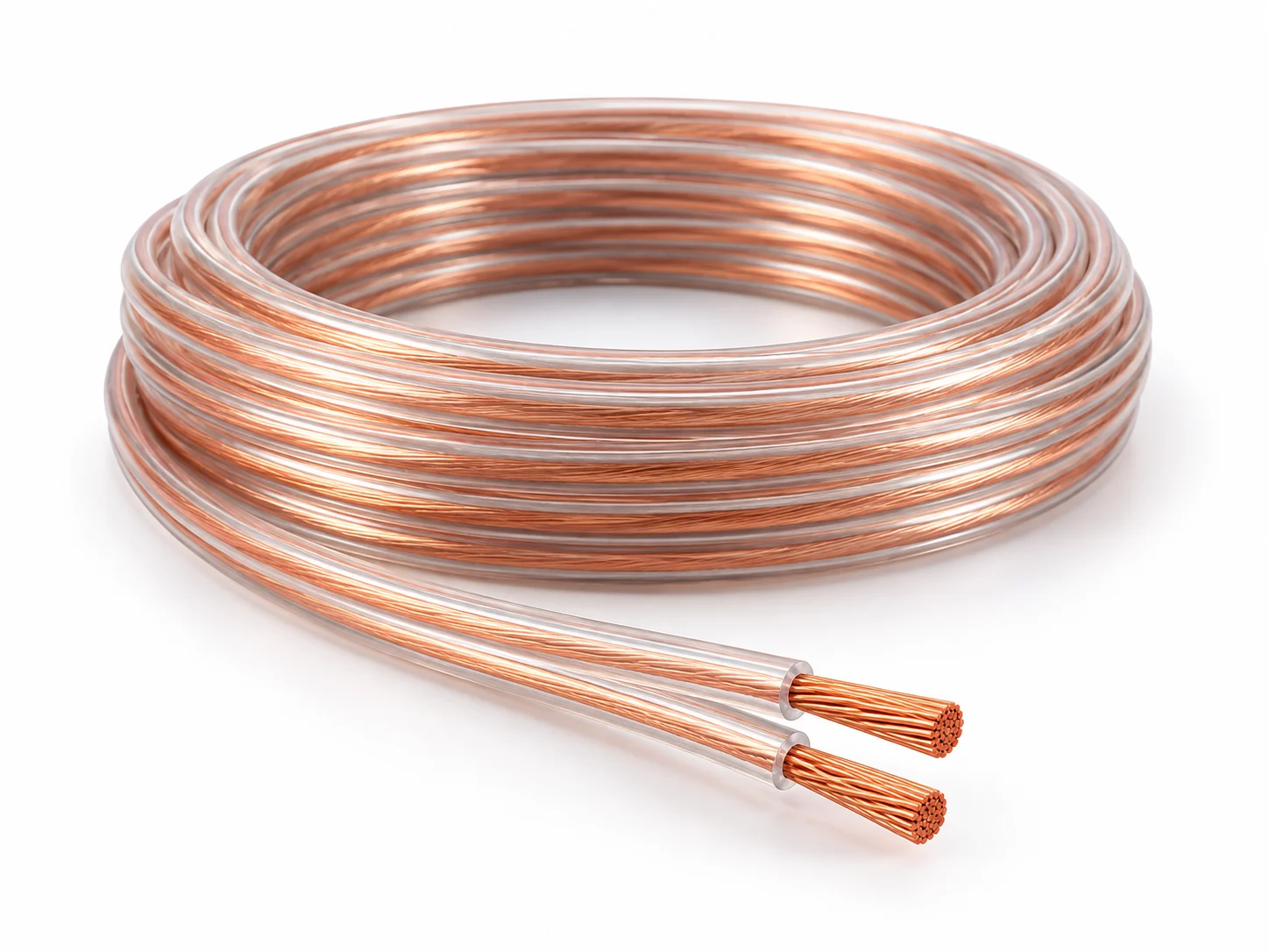 Clear two-core copper wire coil with stripped ends